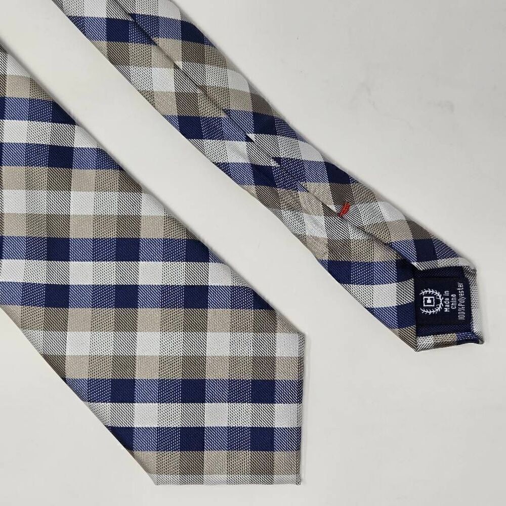 CHAPS RALPH LAUREN POLYESTER TIE GRAY BLUE WHITE BUFFALO PLAID 3" X 58"
